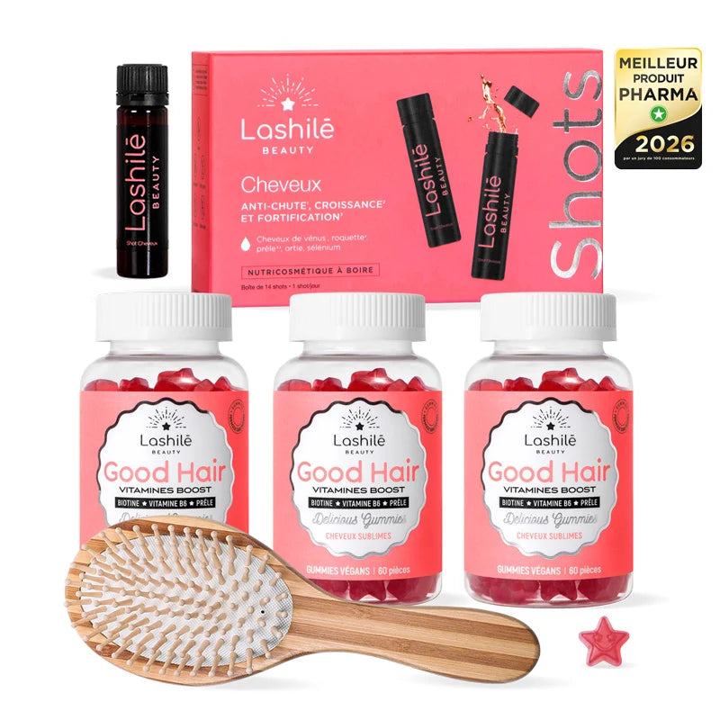 Pack Boost Pousse Cheveux 3 Good Hair + Shots + Brosse - Lashilé Beauty