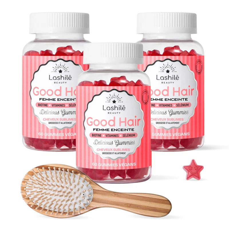 Gummies Good Hair Femme Enceinte Pack X3 + Brosse Bambou - Lashilé Beauty
