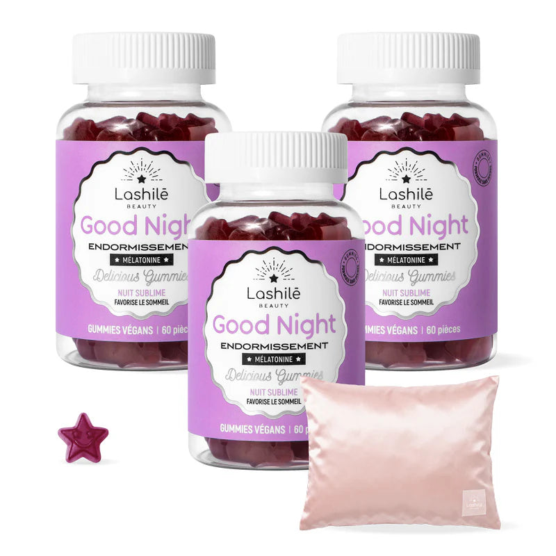 Gummies Good Night Pack X6 avec taîe d'oreiller satin rose et trousse transparente Lashilé