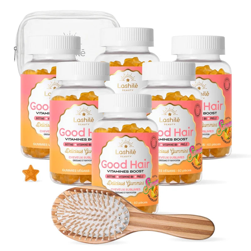 Gummies Good Hair Pack X6 Édition Tropical avec brosse bambou et trousse de voyage