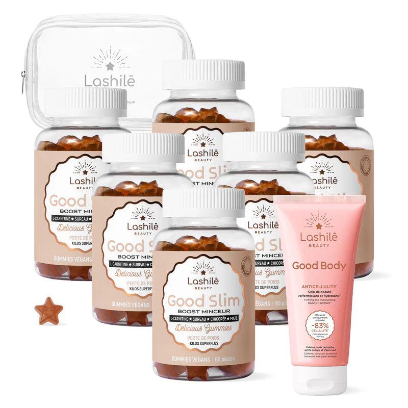 Gummies Good Slim Pack X6 avec Good Body Anticellulite et trousse transparente Lashilé